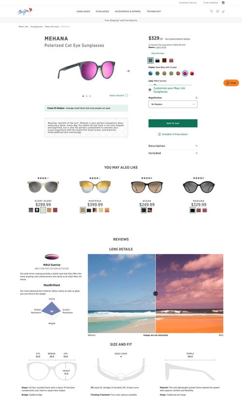 Screenshot of Maui Jim website